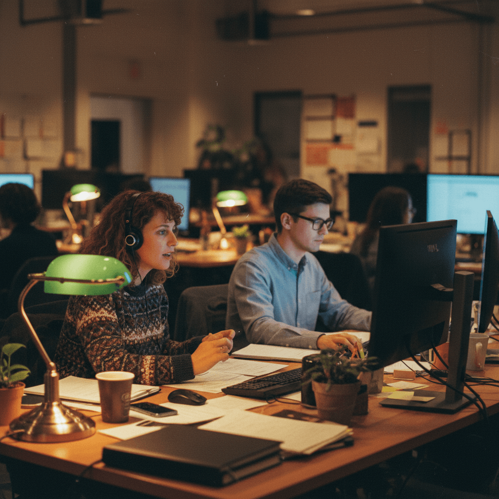 Two people working at the main office desk