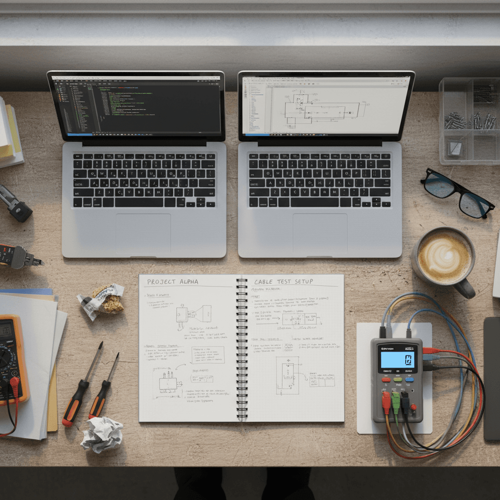 Overhead view of a workbench with laptops and notes