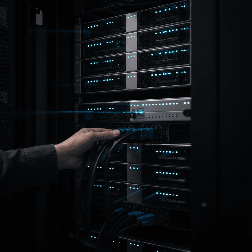 Server rack with blinking lights being maintained