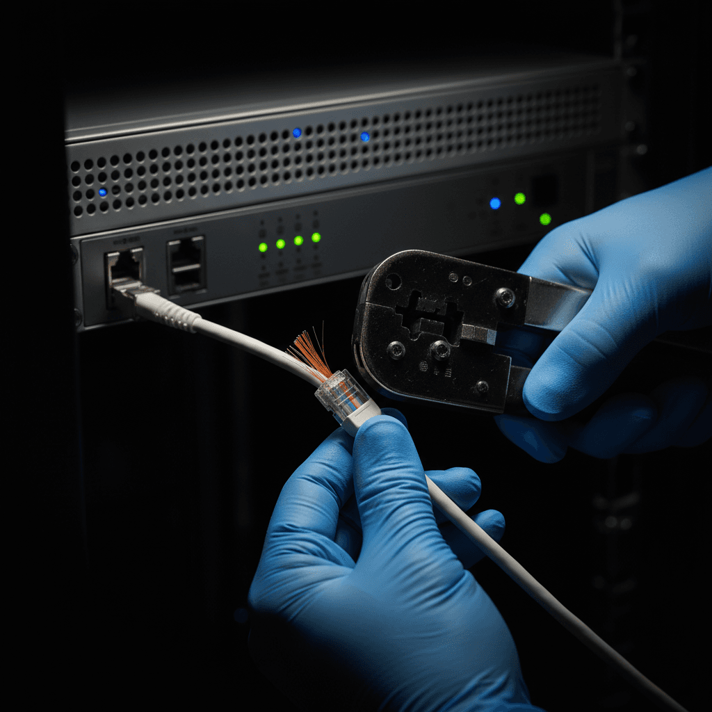 Close up of hands terminating a network cable