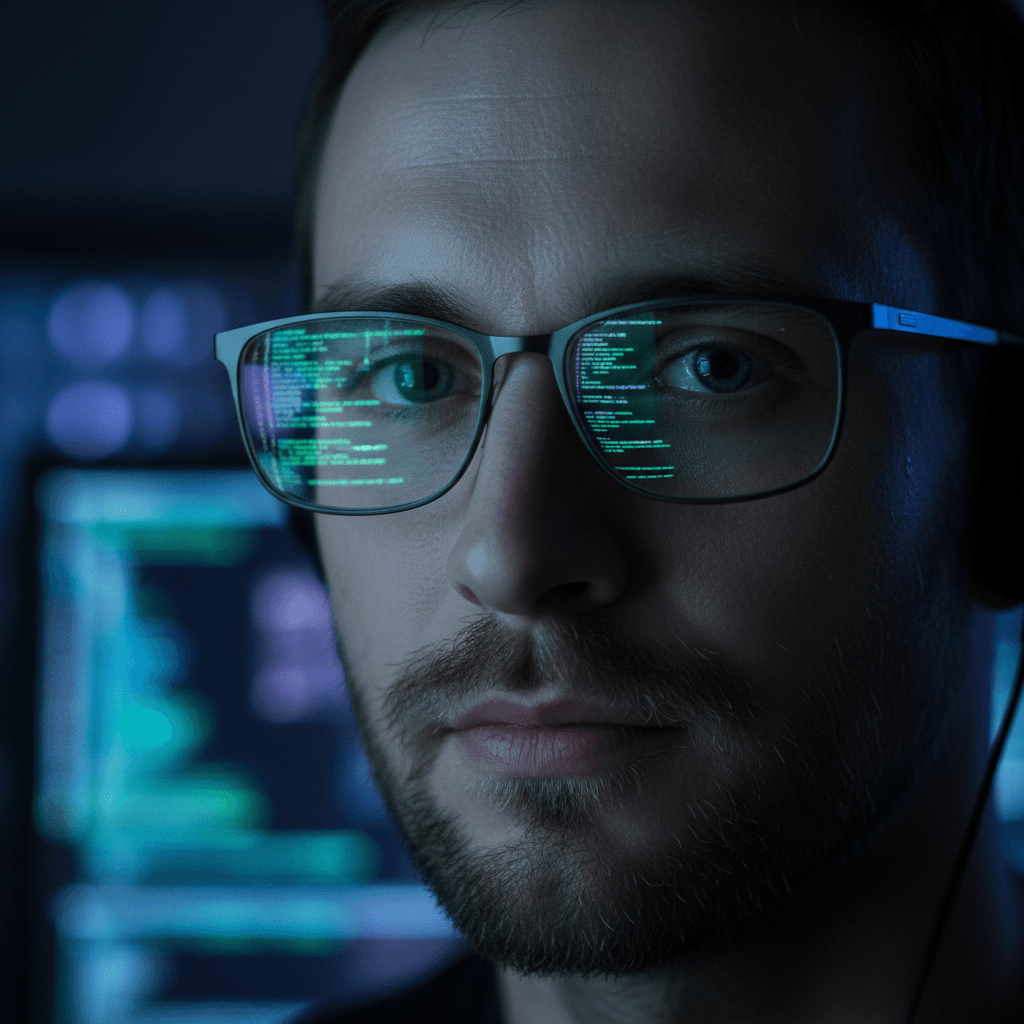 Close up of engineer's face lit by a monitor