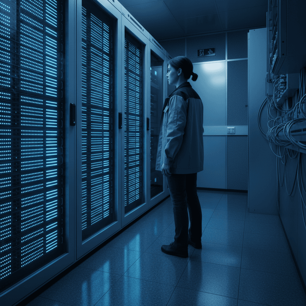 Engineer monitoring server rack indicators