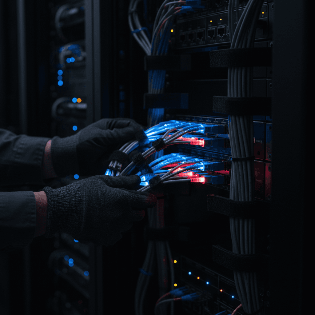 Technician's hands connecting cables to a server rack in a data center