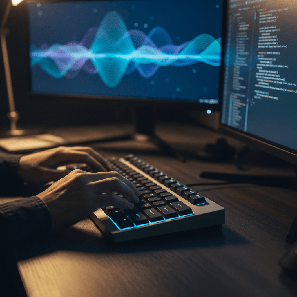 Technician typing urgently at keyboard