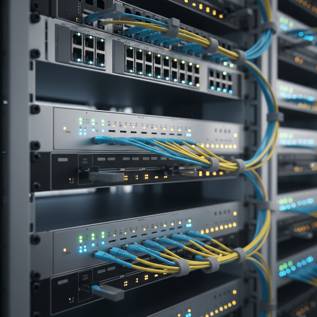 Network server rack with glowing status lights